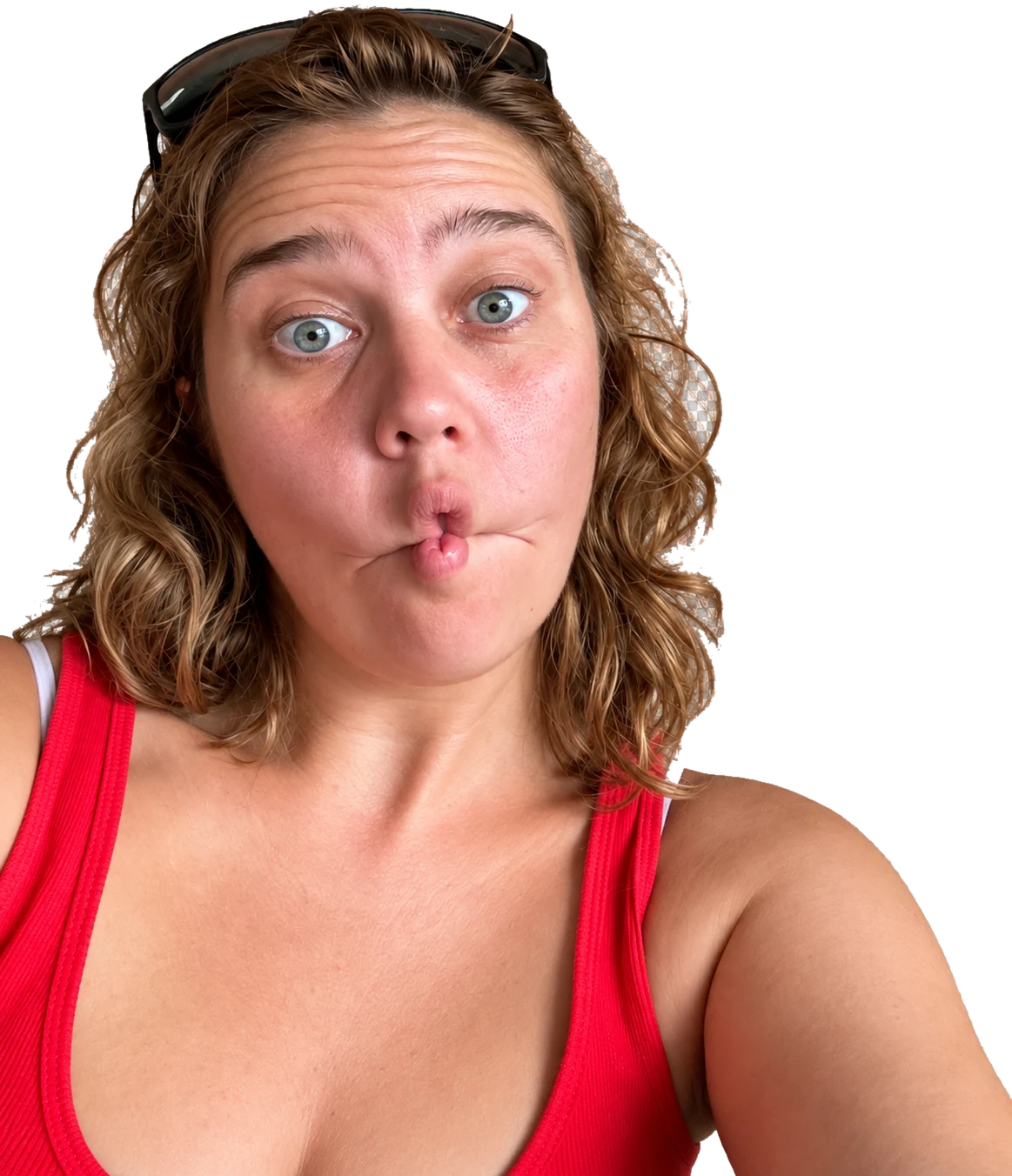 Jessikers making a fish face in a red top